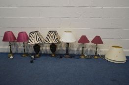 FOUR MATCHING LAURA ASHLEY TABLE LAMPS with purple fabric shades, along with another pair of table