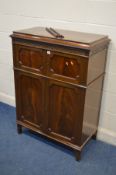 AN EARLY TO MID 20TH CENTURY MAHOGANY FOUR DOOR GRAMAPHONE CABINET, width 88cm x depth 49cm x height
