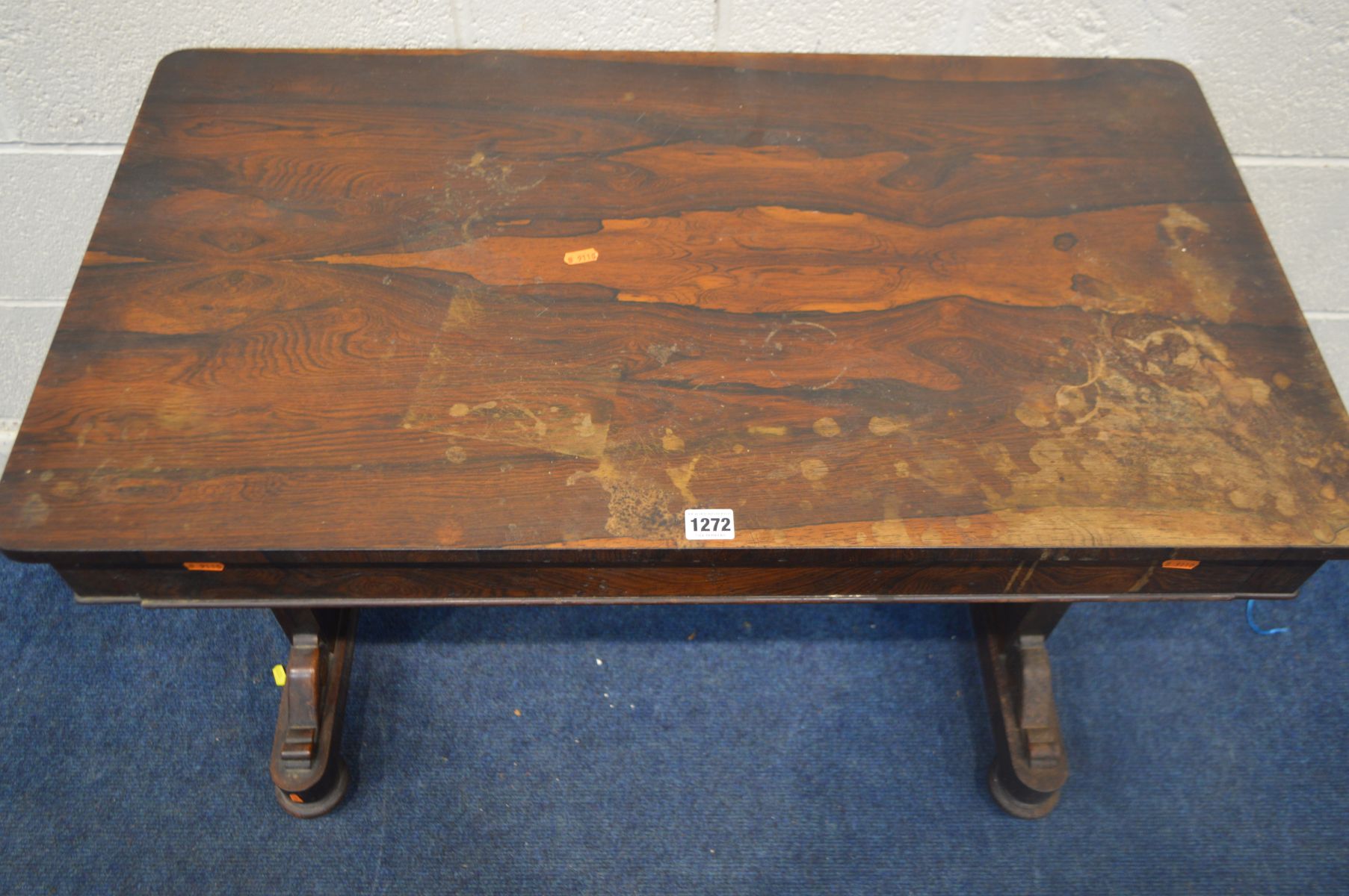 A REGENCY ROSEWOOD SIDE TABLE, with a single frieze drawer, on twin support united by a turned - Image 2 of 6