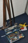 A QUANTITY OF GARDEN TOOLS to include a pick axe, lawn rake, hoe etc. together with a metal