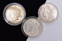 THREE U.S.A. SILVER DOLLAR COINS to include 1880, 1889, Morgan 1928 silver Eagle