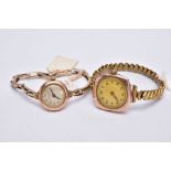 TWO 9CT GOLD LADIES WRISTWATCHES, the first with a round silver dial signed 'H. Wolf LD Manchester',