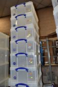 ELEVEN REALLY USEFUL BOX COMPANY 50 LITRE CLEAR BOXES WITH LIDS (11)