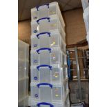 ELEVEN REALLY USEFUL BOX COMPANY 50 LITRE CLEAR BOXES WITH LIDS (11)