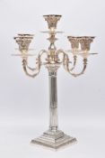 A FOUR BRANCH SILVER PLATED CANDELABRA, Corinthian form, tapered reeded column to a square stepped