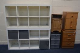 TWO MODERN WHITE FINISH STORAGE UNITS/SHELVES, along with three bedside units, and a plastic three