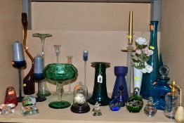 A COLLECTION OF COLOURED AND CLEAR GLASSWARE, including a Loetz style iridescent green conical vase,