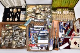 THREE BOXES OF WHITE METAL FLATWARE, to include a box of silver plated collectable teaspoons, two