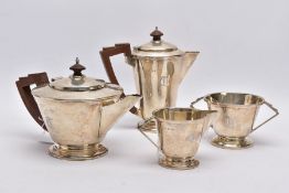 A FOUR PIECE SILVER TEA SERVICE SET, comprising teapot and coffee pot, each fitted with brown wooden