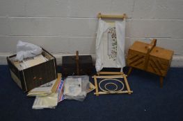 A QUANTITY OF EMBROIDERY KITS, to include frames, books, loose threads, etc along with two
