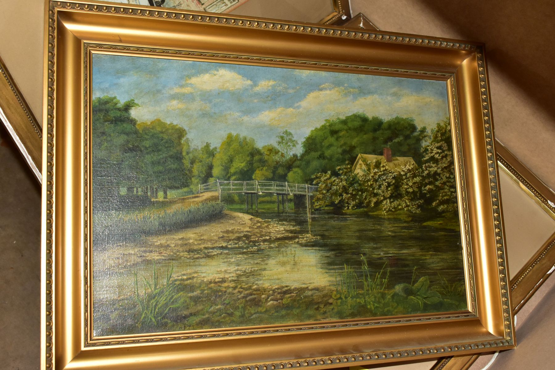 A LATE 20TH CENTURY OIL ON CANVAS, depicting a footbridge across a rural stream, unsigned, size - Image 4 of 8