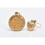 A 9CT GOLD PENDANT AND SINGLE EARRING, the pendant of a circular form depicting the zodiac sign