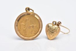 A 9CT GOLD PENDANT AND SINGLE EARRING, the pendant of a circular form depicting the zodiac sign