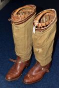A PAIR OF VINTAGE HARRY HALL BROWN LEATHER AND CANVAS RIDING BOOTS, bear gilt stamped labels to
