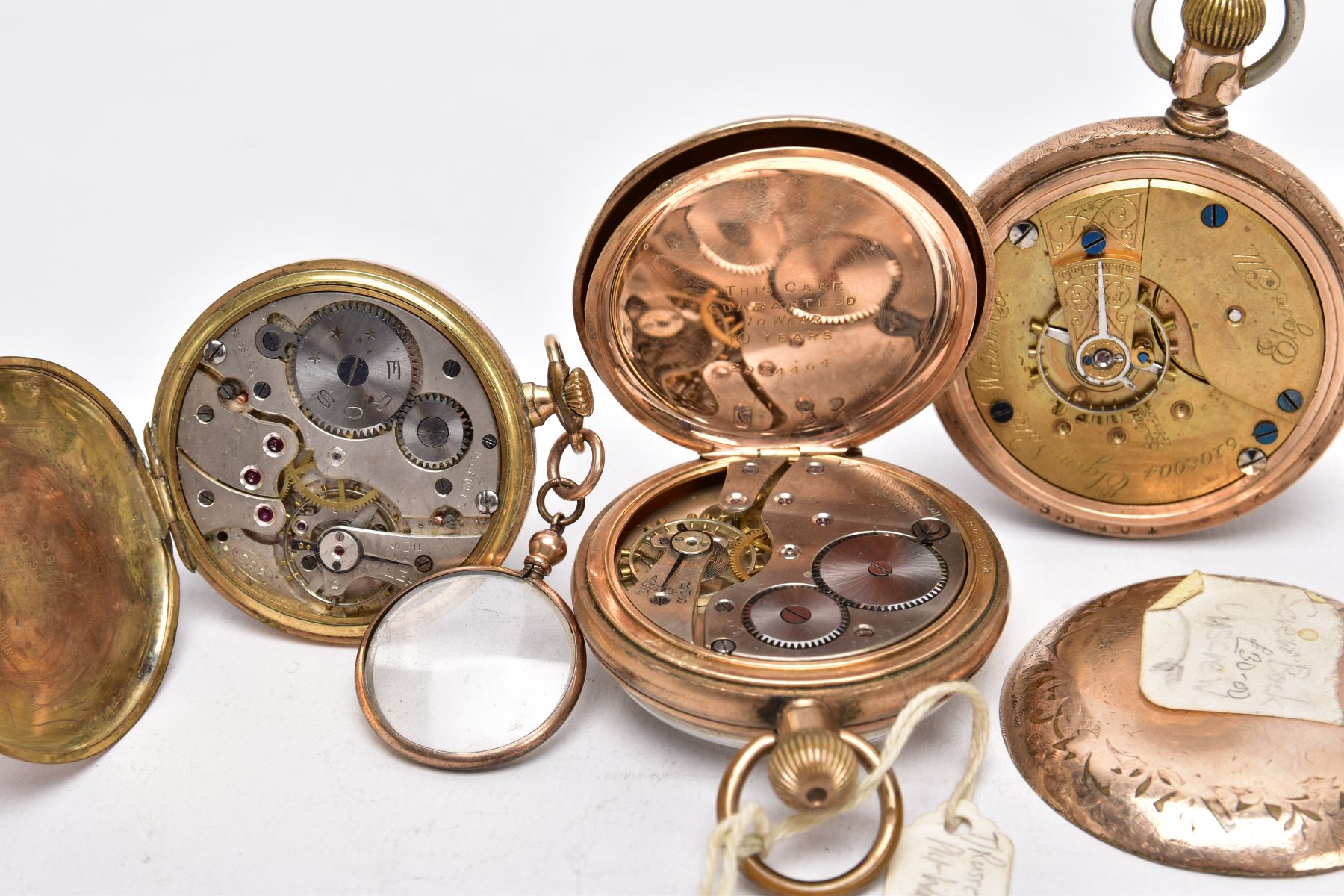 THREE GOLD PLATED OPEN FACED POCKET WATCHES, the first with a white dial signed 'Eros', Arabic - Image 8 of 8