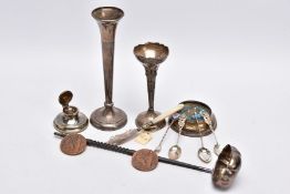 A SELECTION OF SILVER ITEMS, to include a desk top circular ink well with a weighted base,