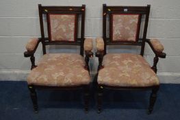 A PAIR OF EDWARDIAN OAK OPEN ARMCHAIRS, with outswept armrests