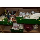 THREE BOXES AND LOOSE CERAMICS, GLASS AND ORNAMENTS, ETC, to include Foley china miniature tea