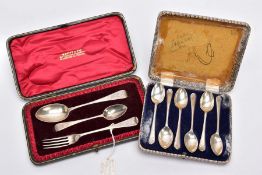 A CASED SILVER CHRISTENING SET AND COFFEE SPOONS, the three piece christening set of Old English