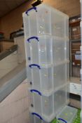 FIVE REALLY USEFUL BOX COMPANY 84 LITRE CLEAR PLASTIC BOXES WITH LIDS, together with a similar 5