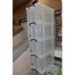 FIVE REALLY USEFUL BOX COMPANY 84 LITRE CLEAR PLASTIC BOXES WITH LIDS, together with a similar 5