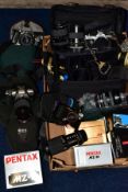 A TRAY OF PENTAX AND OTHER CAMERAS AND EQUIPMENT, to include a Pentax MZ-7 (boxed), an MZ-M (boxed),