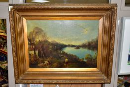 19TH CENTURY CONTINENTAL LANDSCAPE, figures working beside a lake, signed Frankie E.Cane bottom