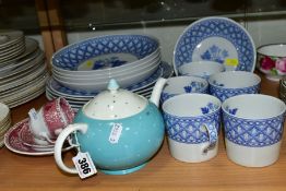 A SUSIE COOPER TURQUOISE AND WHITE SPOTTY TEAPOT AND A SMALL QUANTITY OF SPODE, GERANIUM PATTERN