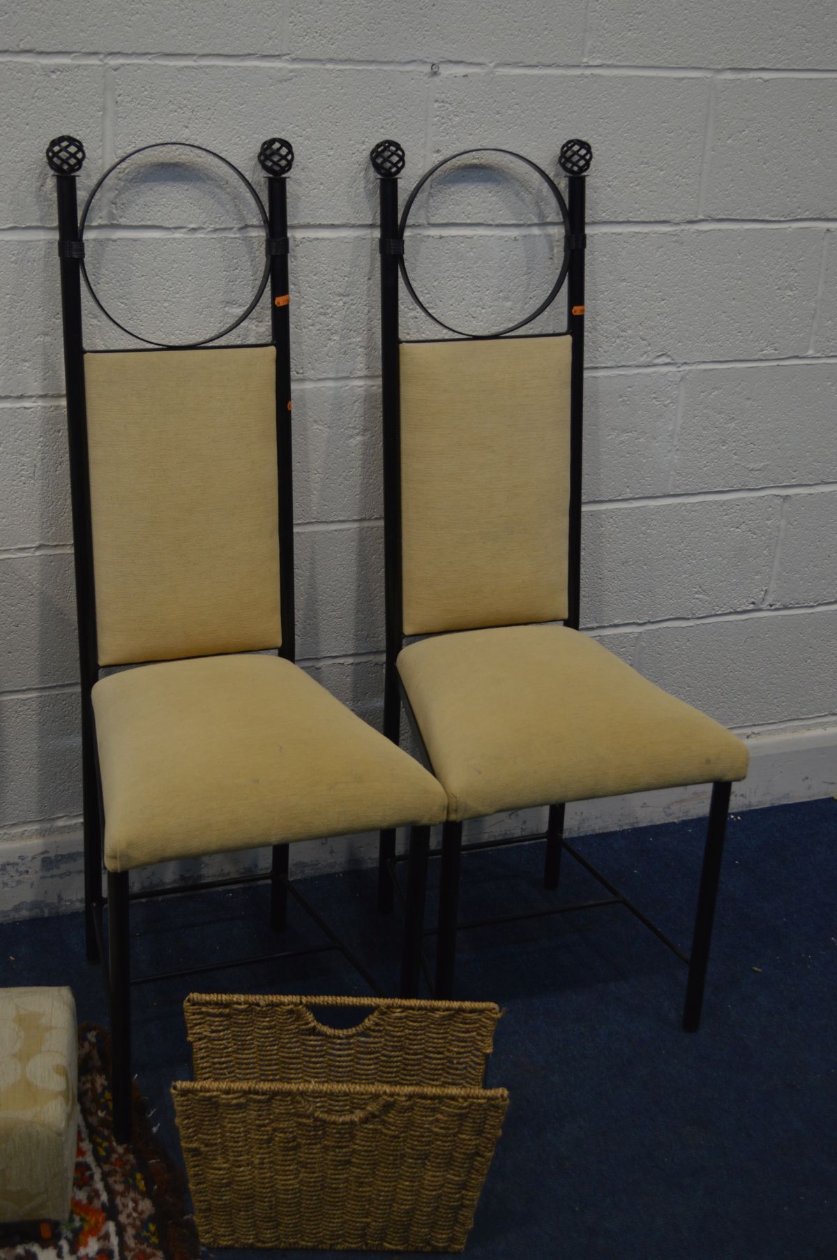 A PAIR OF METAL AND CREAM DINING CHAIRS, a ceramic planter on a matching separate stand, two table - Image 2 of 4