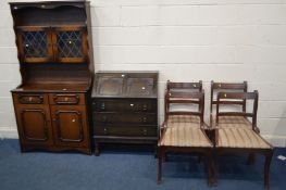 A DARK OAK BUREAU with two drawers, along with an oak dresser, and four mahogany dining chairs (6)