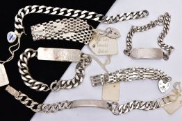 SIX SILVER BRACELETS, to include two gate bracelets, each fitted with a heart clasp with hallmarks