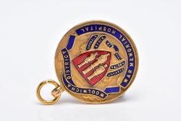 A 9CT GOLD ENAMELLED FOB MEDAL, of a circular form, decorated with blue and red enamel, for '