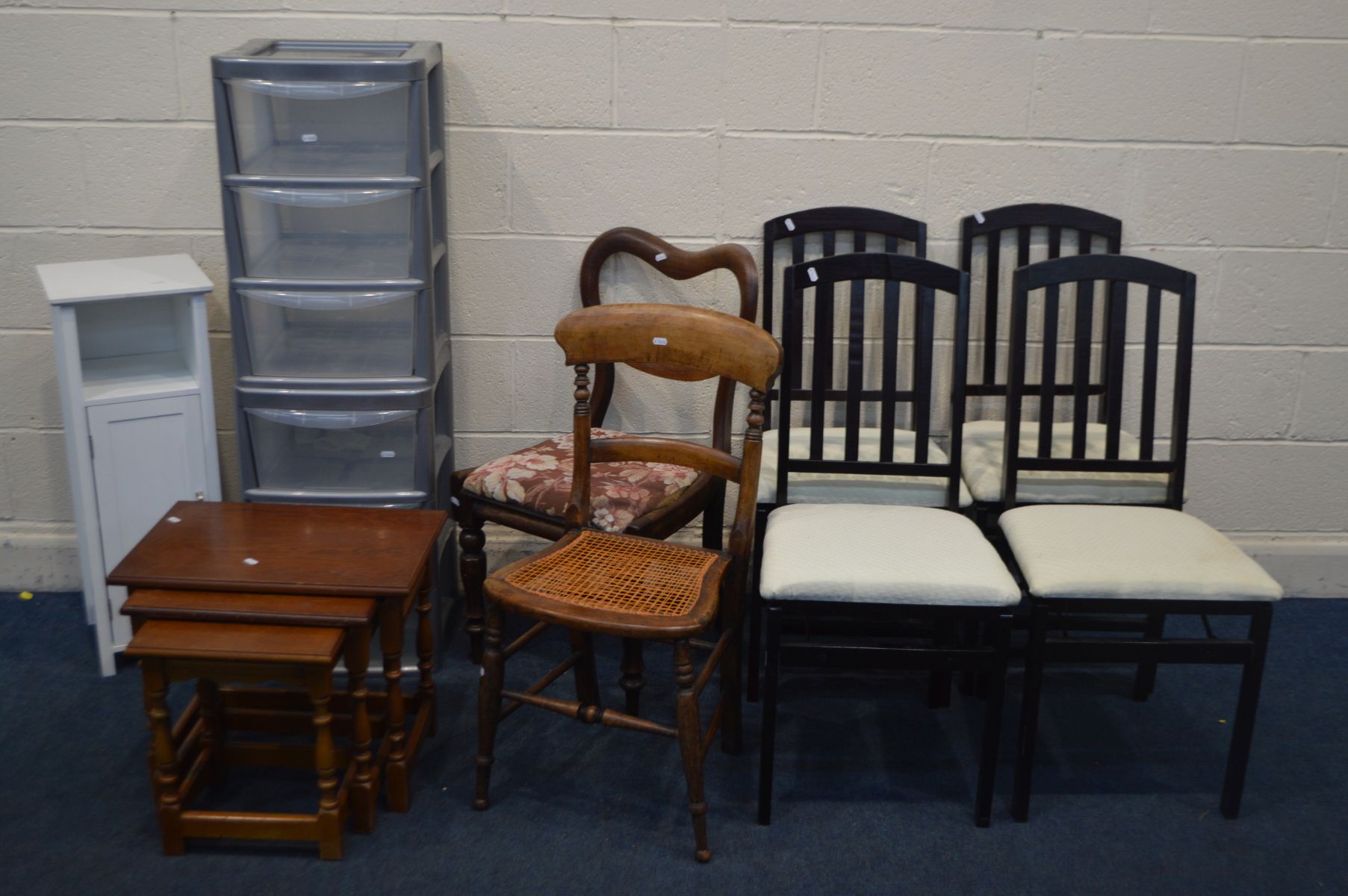 FOUR FOLDING EBONISED DINING CHAIRS, an oak nest of three tables, two period chairs, white finish