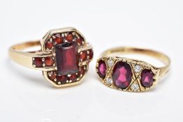 TWO 9CT GOLD GEM SET RINGS, the first designed with three graduated oval cut garnets, within a