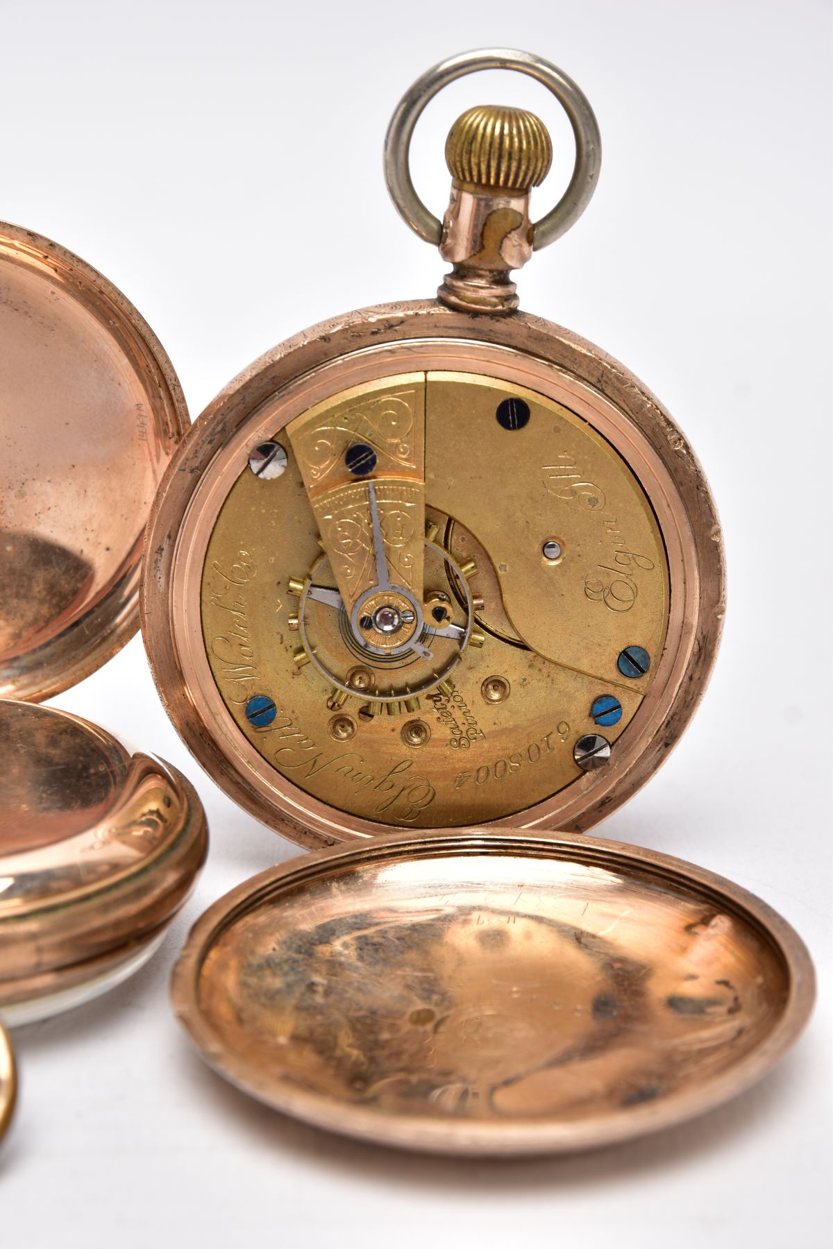 THREE GOLD PLATED OPEN FACED POCKET WATCHES, the first with a white dial signed 'Eros', Arabic - Image 4 of 8