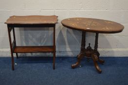 A LATE VICTORIAN ROSEWOOD AND MARQUETRY INLAID TOP CENTRE TABLE, and an Edwardian mahogany centre