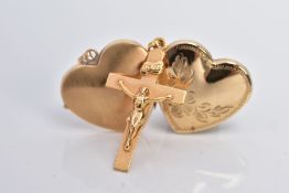 A 9CT GOLD HEART LOCKET AND CRUCIFIX PENDANT, the heart pendant with a decorative engraved floral