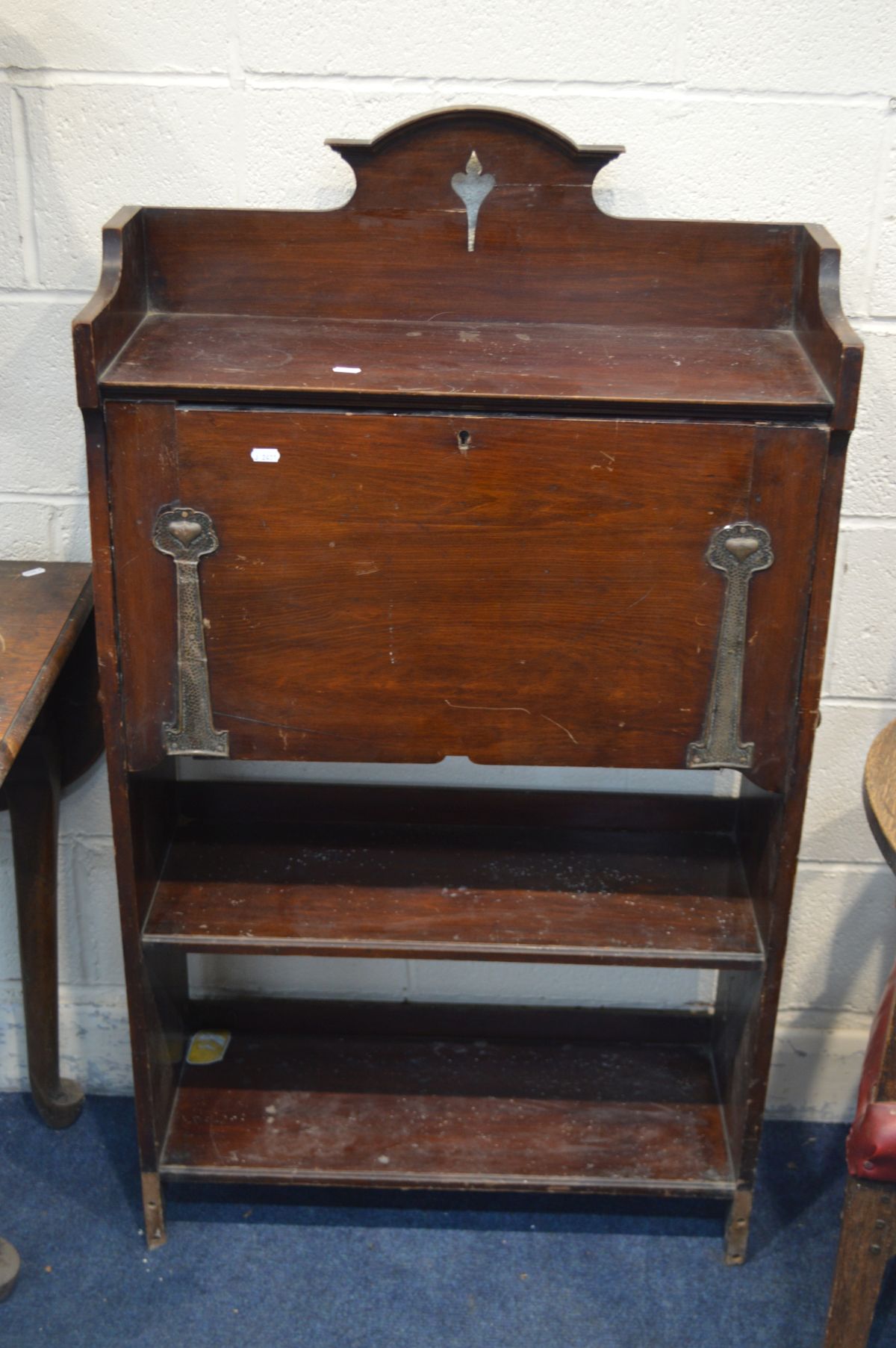 AN ART NOUVEAU MAHOGANY FALL FRONT BUREAU (Sd, losses) along with an oak gate leg table, - Image 3 of 5