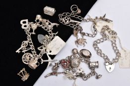 FOUR SILVER CHARM BRACELETS AND TWO LOOSE CHARMS, the first silver bracelet suspending ten white