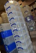 ELEVEN REALLY USEFUL BOX COMPANY 18 LITRE CLEAR PLASTIC BOXES, with lids, one with badly damage