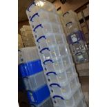 ELEVEN REALLY USEFUL BOX COMPANY 18 LITRE CLEAR PLASTIC BOXES, with lids, one with badly damage