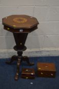 A LATE VICTORIAN WALNUT AND MARQUETRY INLAID OCTAGONAL TRUMPET WORK TABLE, with a fitted interior,