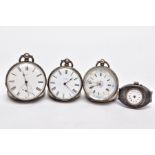 THREE WHITE METAL OPEN FACED POCKET WATCHES AND A WATCH MOVEMENT, the first with a white floral