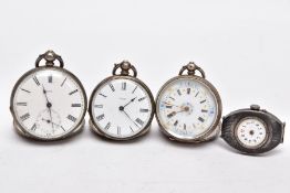 THREE WHITE METAL OPEN FACED POCKET WATCHES AND A WATCH MOVEMENT, the first with a white floral