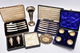 A SELECTION OF SILVER ITEMS, to include a cased set of two urn style pepperettes, hallmarked