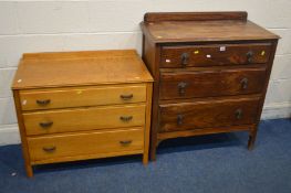 AN OAK CHEST OF THREE LONG GRADUATED DRAWERS, width 85cm x depth 43cm x height 97cm (loose top)
