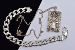 A SILVER INGOT PENDANT NECKLET AND A SILVER CURB LINK BRACELET, the ingot pendant decorated within a