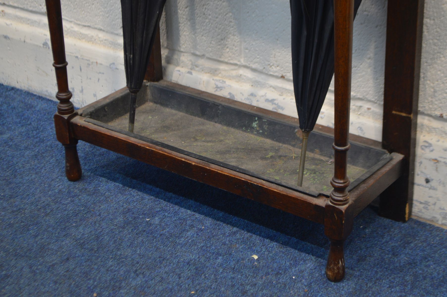 AN EDWARDIAN OAK UMBRELLA STAND, with a tin tray, width 54cm x depth 23cm x height 83cm with two - Image 3 of 4