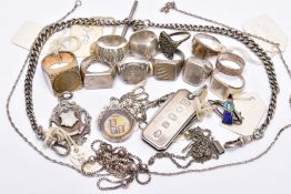 A BAG OF ASSORTED SILVER AND WHITE METAL JEWELLERY, to include a silver Albert chain fitted with two