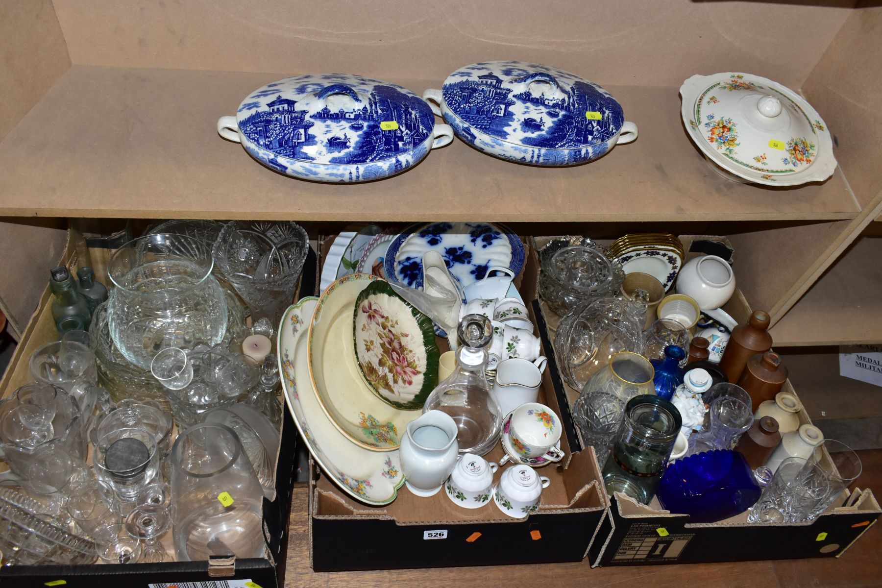 THREE BOXES OF CERAMICS AND GLASS, ETC, to include Poole Pottery flan dish, two blue and white